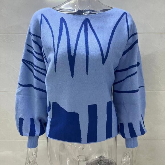 Modern Blue Abstract One Shoulder Pullover Sweater - Picture 2 of 4